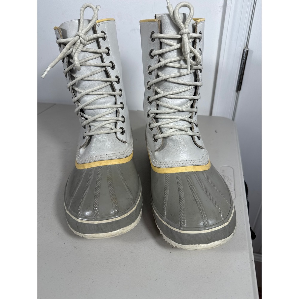 Sorel 1964 Premium Waterproof Duck Boots Grey Yellow Winter Snow Mens 11 NL1830
